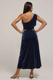 Velvet Navy One Shoulder Wedding Guest Dress with Slit