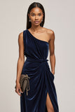Velvet Navy One Shoulder Wedding Guest Dress with Slit