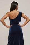 Velvet Navy One Shoulder Wedding Guest Dress with Slit