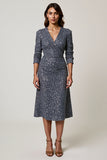 Sparkly Grey Blue V Neck Sheath Midi Dress