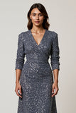 Sparkly Grey Blue V Neck Sheath Midi Dress