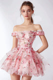 Floral A Line Off The Shoulder Pink Homecoming Dress
