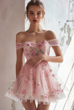 Embroidered Off The Shoulder A Line Pink Homecoming Dress