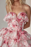 Ruffled Floral Strapless Pink Homecoming Dress