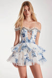Cold Shoulder White Blue Flower A Line Homecoming Dress with Ruffles