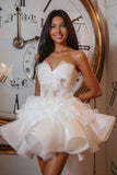 Tiered Strapless Ruffled White Homecoming Dress