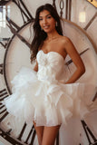 Strapless White Tiered Homecoming Dress with Ruffles