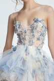 Cute Appliqued White Blue Flower Ruffled Homecoming Dress