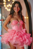 Strapless Beaded Hot Pink Homecoming Dress with Ruffles