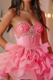 Strapless Beaded Hot Pink Homecoming Dress with Ruffles