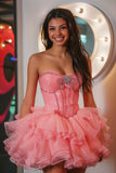 Hot Pink Tiered Strapless Homecoming Dress with Beading