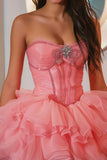 Hot Pink Tiered Strapless Homecoming Dress with Beading