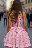 Halter Keyhole Tiered Pink Flower Homecoming Dress