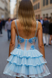 Tiered Blue Flower Appliqued Short Homecoming Dress