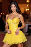 A Line Strapless Yellow Homecoming Dress with Beading