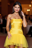 Yellow Strapless Satin Homecoming Dress
