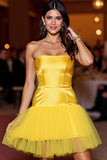 Yellow Strapless Satin Homecoming Dress