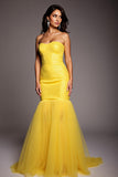 Yellow Strapless Tulle Mermaid Prom Dress