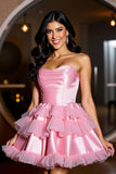 Satin Tiered Pink Strapless Homecoming Dress