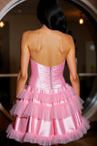 Satin Tiered Pink Strapless Homecoming Dress