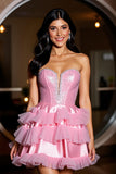 Strapless Pink Ruffled Tiered A Line Homecoming Dress