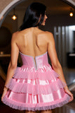 Strapless Pink Ruffled Tiered A Line Homecoming Dress