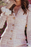 Tweed V Neck Light Pink Mini Dress with Ruffles