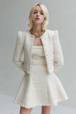 White 2-Piece A Line Tweed Mini Dress with Long Sleeves