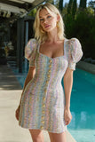 Pink Blue Tweed Square Neck Cocktail Party Dress
