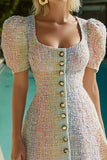 Pink Blue Puff Sleeve A Line Tweed Mini Dress