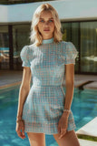 A Line Blue High Neck Puff Sleeve Mini Dress