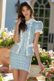 Tweed Ruffled Tight Blue Tea Party Dress