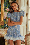 Blue Puff Sleeve Bateau Neck Mini Dress with Ruffles