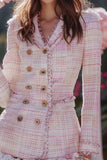Light Pink Ruffled Tweed V-Neck Mini Dress