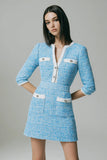 Blue A Line V-Neck Tweed Mini Dress
