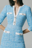 Blue A Line V-Neck Tweed Mini Dress
