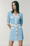 Tweed V-Neck Blue Mini Dress with Short Sleeves