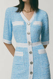 Tweed V-Neck Blue Mini Dress with Short Sleeves