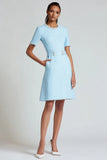Blue A Line Round Neck Mini Dress