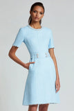 Blue A Line Round Neck Mini Dress