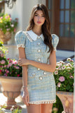 Blue Tweed Short Tea Party Dress with Puff Sleeves