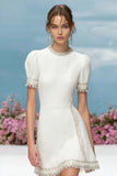 White A Line Round Neck Mini Dress with Short Sleeves