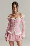 Pink Tweed Off The Shoulder Mini Dress with Long Sleeves