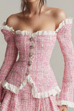 Pink Tweed Off The Shoulder Mini Dress with Long Sleeves