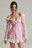 Off The Shoulder Pink Tweed Mini Dress with Ruffles