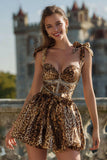 Spaghetti Straps A-Line Khaki Leopard Homecoming Dress with Beading