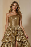 Metallic Golden A Line Tiered One Shoulder Prom Dress With Slit