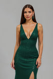Mermaid Dark Green V-Neck Holiday Dress with Slit