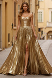 Metallic Golden A Line Pleated Long Prom Dress With Slit