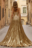 Metallic Golden A Line Pleated Long Prom Dress With Slit
